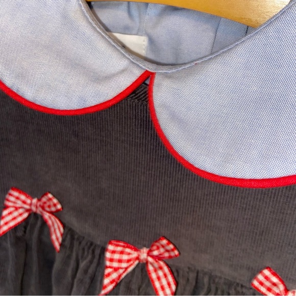 Mondays Child’s Gray Corduroy jumper and blue chambray blouse set red trim - Picture 3 of 7